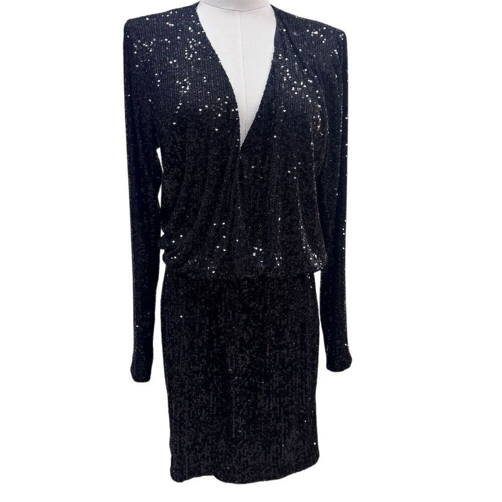 NWT Ramy Brook Blair Sequin Dress Black V-Neck Party Size 6 Long Sleeve